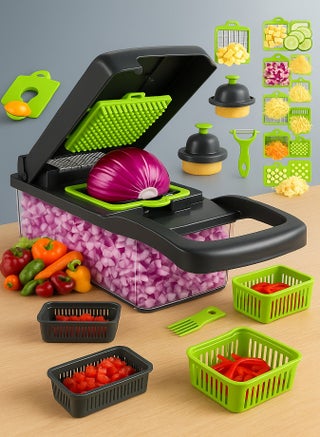 16-in-1 Multifunctional Vegetable Chopper – Pro Onion Slicer Dicer Cutter with 8 Interchangeable Blades & Large Container, Mandoline Food Cutter for Onion, Carrot, Garlic, Potato, Tomato & More
