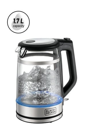 Glass Kettle, Heating, Double Wall Wrap Protection, Premium Stainless Steel Finish, Blue LED Illumination, 360° Cordless Base, Easy Pour,