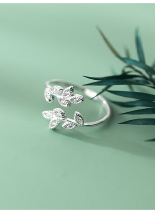 925 Hallmarked Silver CZ Leaf Vintage Band Ring Adjustable