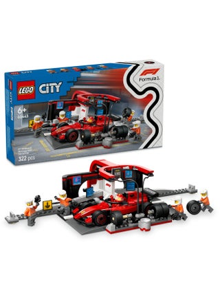 City F1 Pit Stop & Pit Crew with Ferrari Car Toy - Formula 1 Set incl. a Driver Minifigure, 4 Mechanics, Spare Tyres & Wheel Guns - Building Toys for 6+ Year Old Boys & Girls - 60443